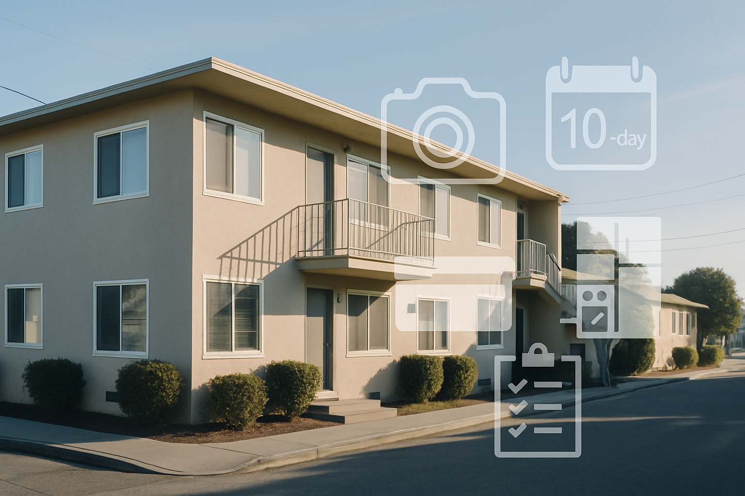 Modern Bay Area small apartment building with subtle icons for landlord compliance: documentation photos, legal timelines, rent reporting, and required appliances.